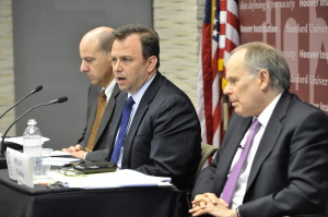 David Kappos, US ITC commissioner F. Scott Kieff, Wesley Cohen (from left). Image credit: Jay Mallin